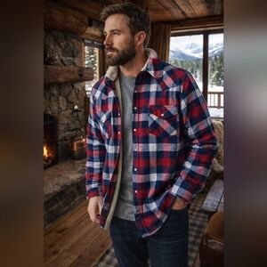 Wrangler Faux Sherpa Lined Plaid Shirt Jacket Red and Blue